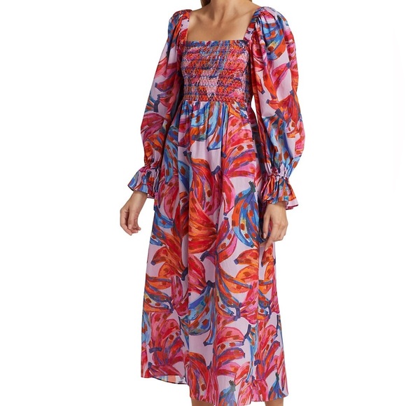 FARM Rio Colored Bananas Smocked Midi Dress Size Small - Picture 2 of 12